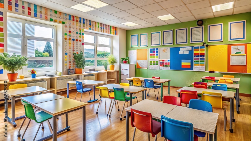 A clean and organized classroom with a vibrant wall featuring colorful charts, diagrams, and educational posters, surrounded by rows of empty desks and chairs. A clean and organized classroom with a vibrant wall featuring colorful charts, diagrams, and educational posters, surrounded by rows of empty desks and chairs.
