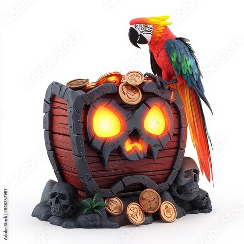 Pirate treasure chest with spectral glow, parrot perched, Halloween background, 3D illustration photo