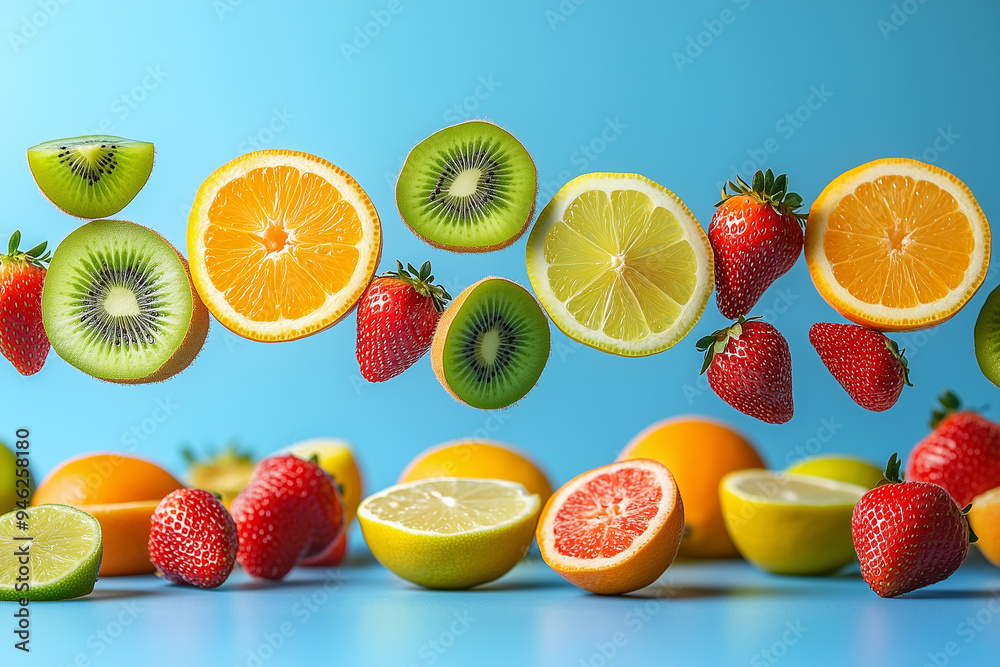 Levitation mixing different of fruits oranges, kiwi, lime, strawberries, lemon isolated on background Levitation mixing different of fruits oranges, kiwi, lime, strawberries, lemon isolated on background