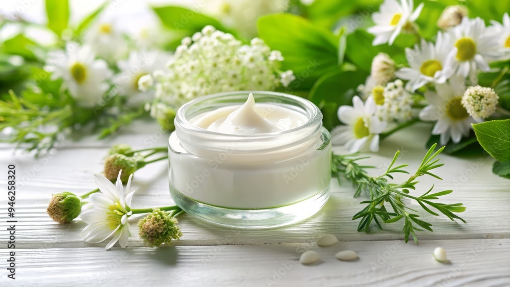 A clear glass jar filled with a radiant, creamy moisturizer sits on a clean, white surface, surrounded by lush greenery and delicate flowers, exuding serenity. A clear glass jar filled with a radiant, creamy moisturizer sits on a clean, white surface, surrounded by lush greenery and delicate flowers, exuding serenity.