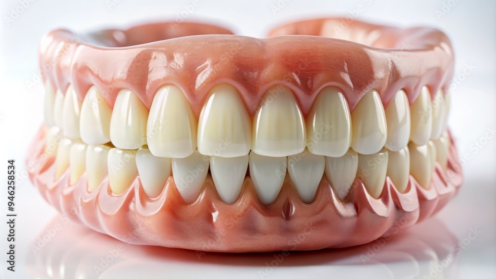 A close-up of a complete set of removable artificial teeth, showcasing a natural-looking upper and lower denture, with a subtle smile and gentle curvature. A close-up of a complete set of removable artificial teeth, showcasing a natural-looking upper and lower denture, with a subtle smile and gentle curvature.