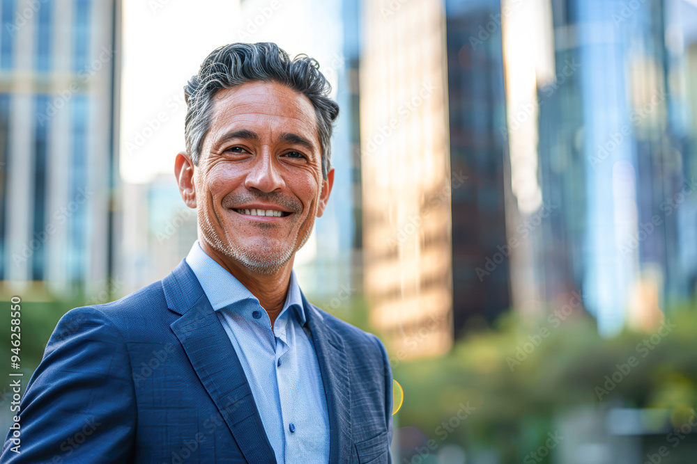A man in a suit is smiling and standing in front of a building A man in a suit is smiling and standing in front of a building
