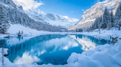 Blue Lake winter wonderland in Kandersteg, Switzerland.