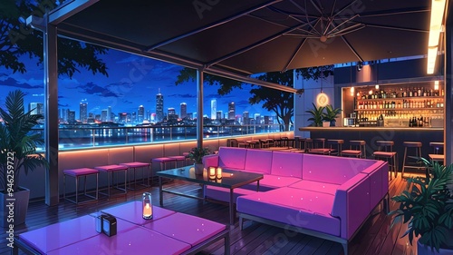anime outdoor lounge anime background retro neon theme