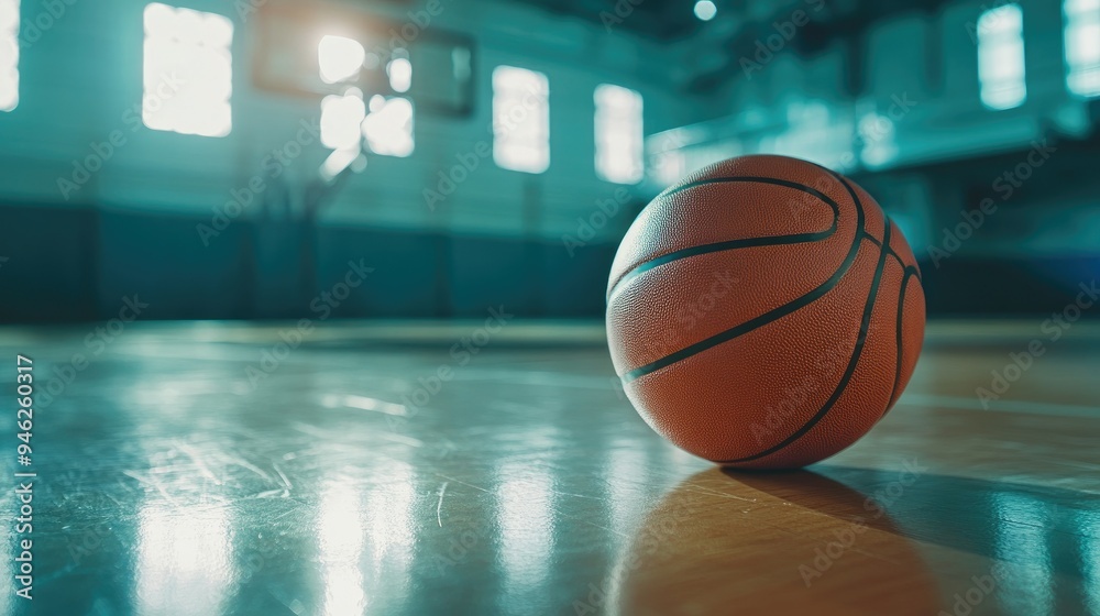 Detailed shot of a basketball on a gym floor, close-up, with empty background for copy