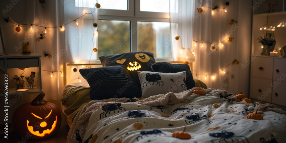 Fototapeta premium Child's bedroom with a bed adorned with Halloween-themed blankets and pillows featuring black cats and pumpkins, with soft lighting and hanging spiders from the ceiling.