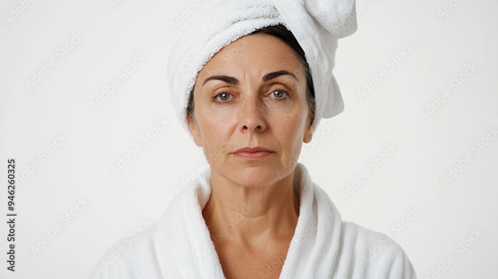 Serene mature woman in white bathrobe and towel turban gazes directly at camera, embodying self-care and confidence against a clean, bright background. Serene mature woman in white bathrobe and towel turban gazes directly at camera, embodying self-care and confidence against a clean, bright background.