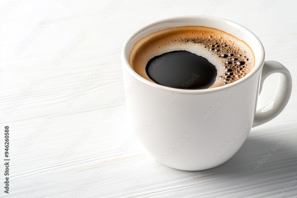 Close-up of a hot black coffee in a white mug, placed on a light wooden surface, emphasizing simplicity and warmth Close-up of a hot black coffee in a white mug, placed on a light wooden surface, emphasizing simplicity and warmth