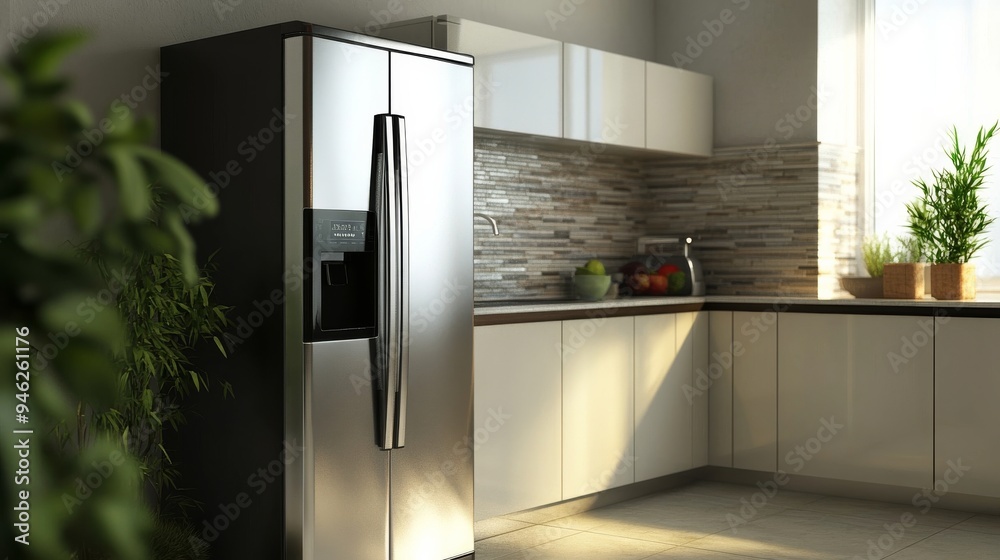 Tuscan kitchen shines with silver refrigerator. Tuscan kitchen shines with silver refrigerator.