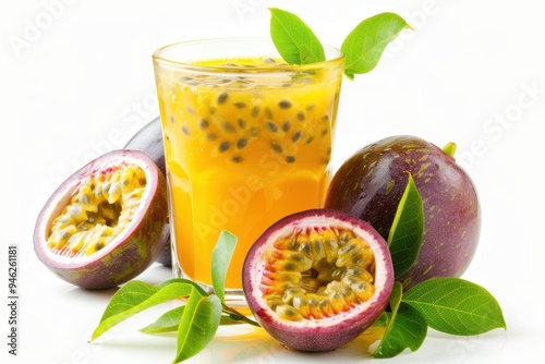 Sliced yellow passion fruit juice on white background