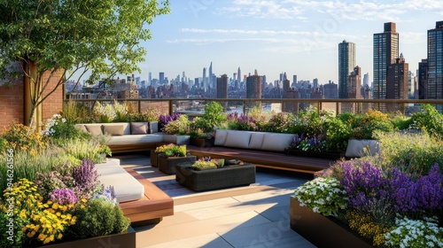 Rooftop Garden Oasis with City Skyline View