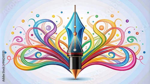 A colorful Composition featuring a stylized pen nib icon surrounded by swirling text lines and shapes, symbolizing creativity and effective communication in modern writing. photo