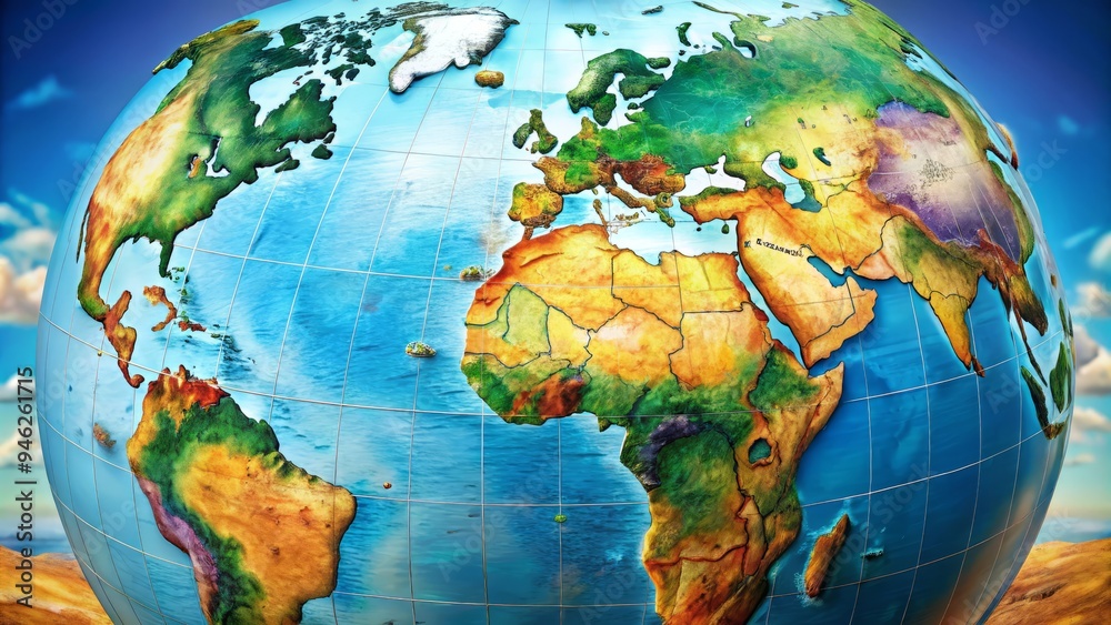 Naklejka premium A colorful, detailed, and high-resolution globe illustration showcasing continents, hemispheres, and oceans, providing an educational and visually appealing representation of our planet.