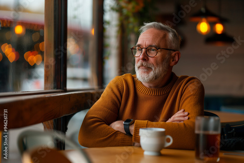 Older man sitting at a table with a coffee cup.