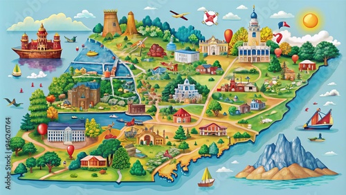 A colorful, detailed map of Virginia displays its 95 counties, major cities, and scenic attractions, highlighting the state's rich history, geography, and cultural heritage.
