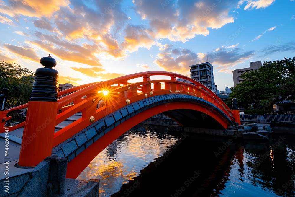 Obraz premium Japanese vermillion bridge at sunset, captured in a photo where the warm light of the setting sun enhances the bold color and creates a serene scene
