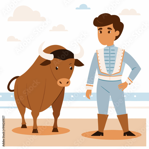 Matador Standing Confidently Beside Bull in a Bullring