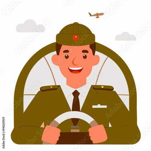 Happy Pilot in Uniform Inside Cockpit with Plane in Background