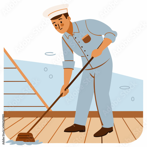 Sailor Cleaning the Deck with a Mop on a Ship