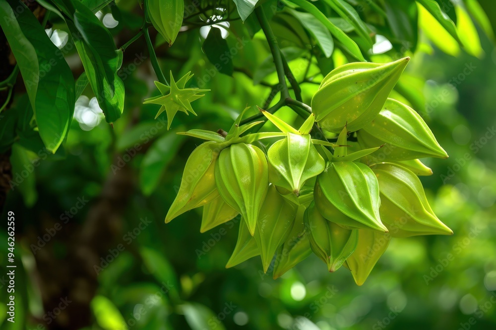 Starfruit tree bearing green ripe fruits in Wolhusen Starfruit tree bearing green ripe fruits in Wolhusen