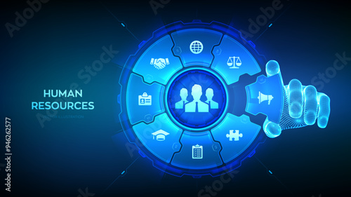 Human Resources. HR management, recruitment, employment, headhunting. Human social network and leadership. Wireframe hand places an element into a composition visualizing HR. Vector illustration.