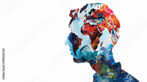 Global concept illustration of a man with the world in his head in mixed media flat vector style