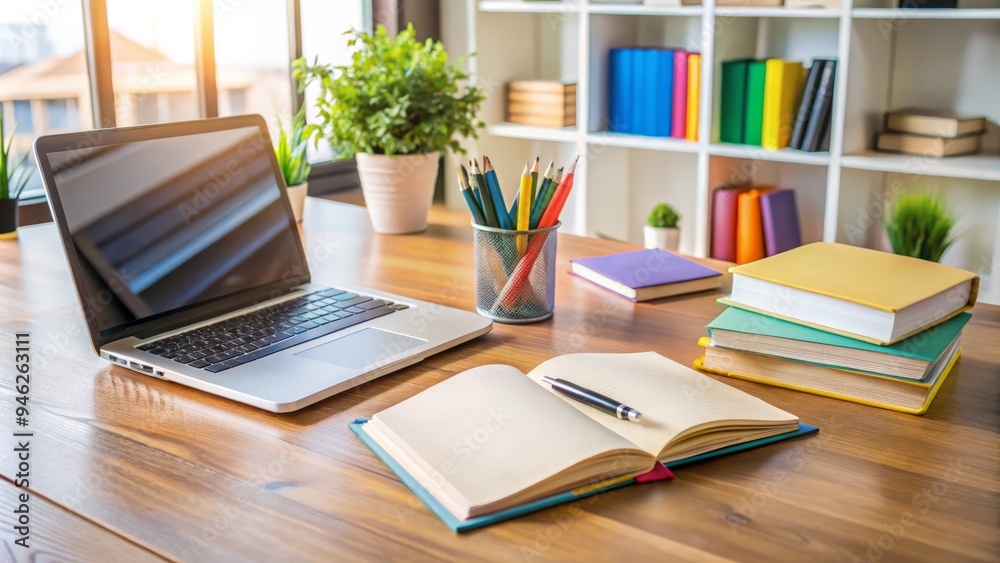 A comprehensive guidebook lies open on a clutter-free desk, surrounded by pens, highlighters, and a laptop, conveying a sense of organized learning and academic support.