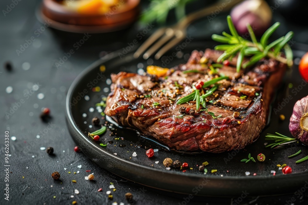 Succulent beef steak with spices on dark backdrop Succulent beef steak with spices on dark backdrop