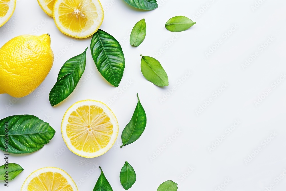 Top view of fresh lemon fruit with leaves on white background Top view of fresh lemon fruit with leaves on white background