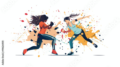 Dynamic Woman Crashing Opponent in Mixed Media Flat Vector Illustration