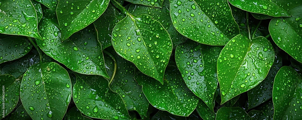 Lush green leaves covered in rainwater, with droplets glistening in soft light, rain and leaves, fresh and dewy Lush green leaves covered in rainwater, with droplets glistening in soft light, rain and leaves, fresh and dewy