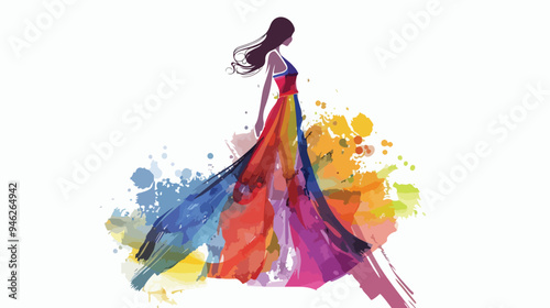 Elegant Woman in Multicolored Dress on Sketch Background