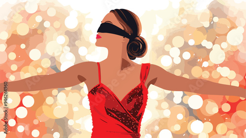 Sensual Woman in Red Dress and Blindfold Against Blurry Bokeh Background