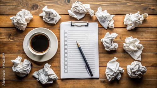 A crumpled up checklist with a lone unchecked box, surrounded by scattered papers and coffee cups, conveys a sense of unfulfilled desire and longing.