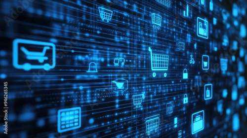 E-commerce icons on a digital touch screen, no people, clear space for copy