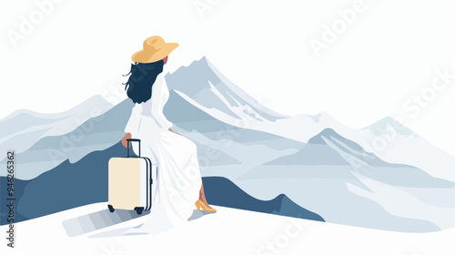 Elegant Woman in White Long Dress and Hat Sitting on Her Luggage Outdoors