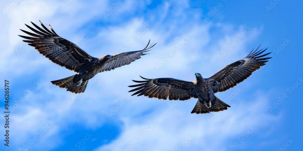Obraz premium Two hawks soar gracefully against a vibrant blue sky with wispy clouds, showcasing their wings in a natural display of freedom