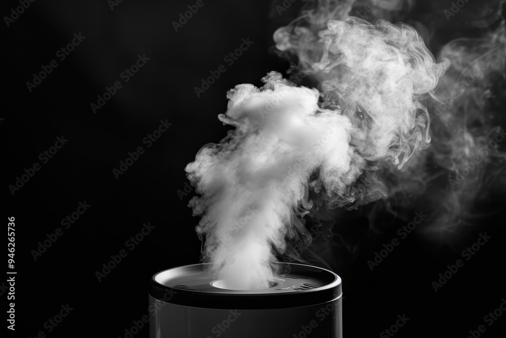 White water vapor and spray from humidifier on black background close up White water vapor and spray from humidifier on black background close up