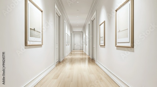 Elegant hallway with framed art on walls, minimalist decor, ample space for text