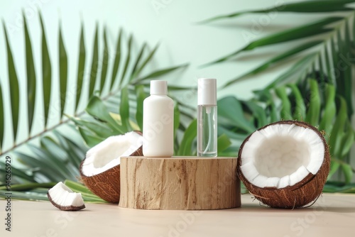 Wooden podium with unlabeled cosmetic bottles on pastel background Fresh coconut and palm leaves Mockup for vegan cosmetics ad photo