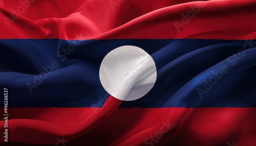 Close-up of the Laotian flag waving in the wind, showcasing the red, blue, and white colors.