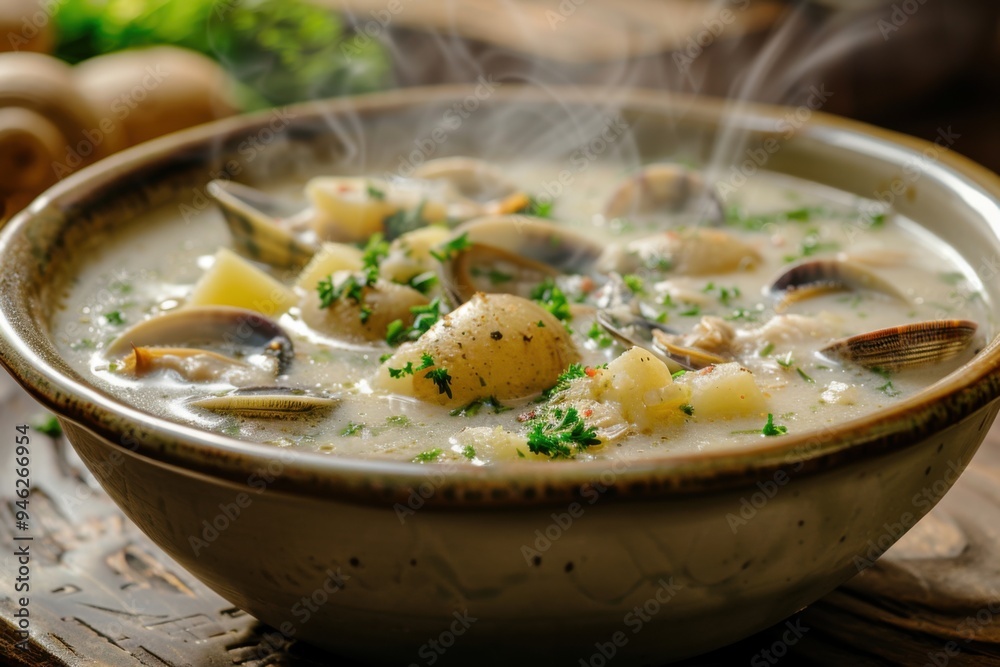 A steaming bowl of New England clam chowder with clams, potatoes, and celery, served in a ceramic bowl. Copy space for text A steaming bowl of New England clam chowder with clams, potatoes, and celery, served in a ceramic bowl. Copy space for text