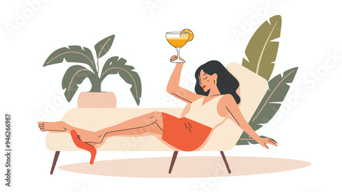 Relaxing Woman with Cocktail in Modern Hammock