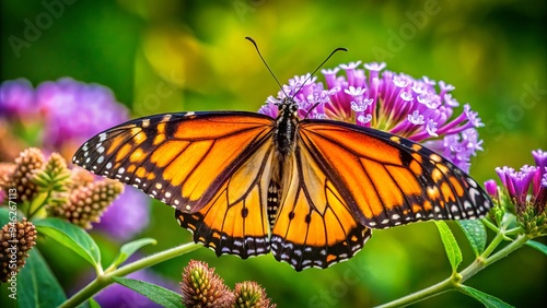 A delicate, intricately patterned monarch butterfly perches on a soft, velvety purple flower, its orange and black wings gently folded, surrounded by lush green foliage.