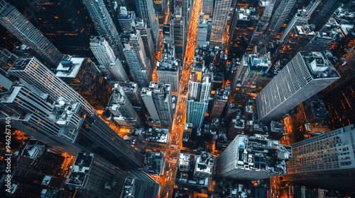 A top down view of a large city with skyscrapers and busy streets
