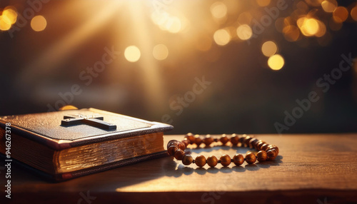 Cross with bible and candle on a old oak wooden table., space for text
