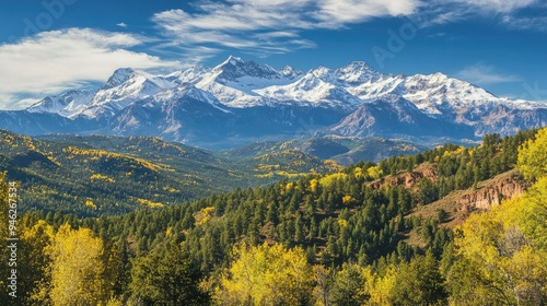 Enchanting view of the San Juan Mountains snowcapped peaks clear area for text