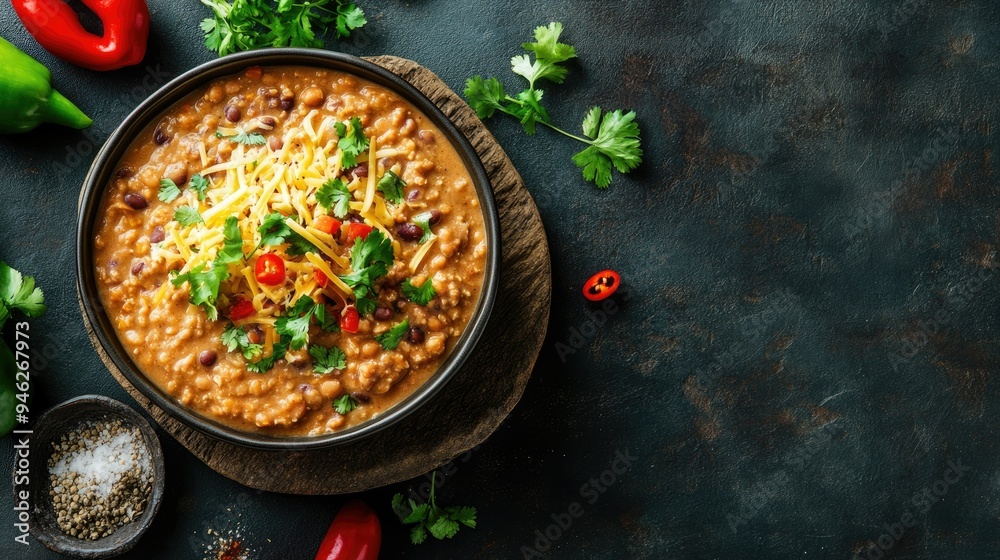 Flat lay of a bowl of refried beans with cheese, space for copy Flat lay of a bowl of refried beans with cheese, space for copy
