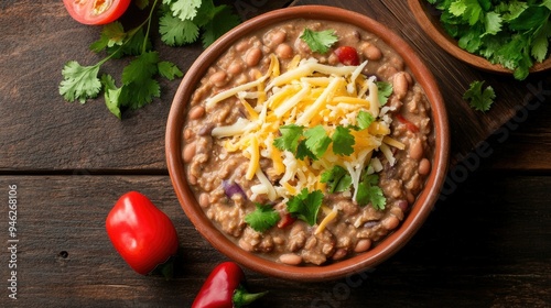 Flat lay of a bowl of refried beans with cheese, space for copy