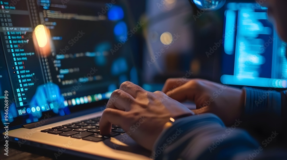Typing a strong password on a laptop, ensuring account security Typing a strong password on a laptop, ensuring account security